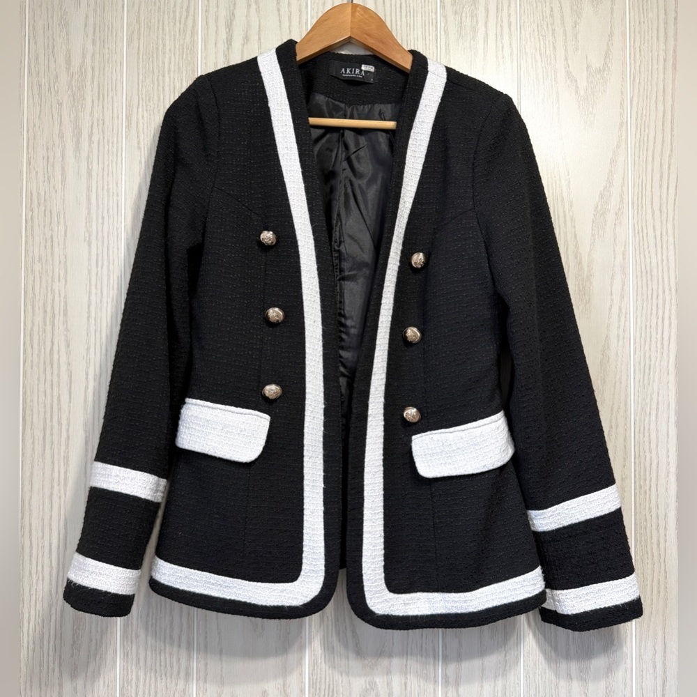 AKIRA Black & White Tweed Double Breasted Blazer Jacket Size L